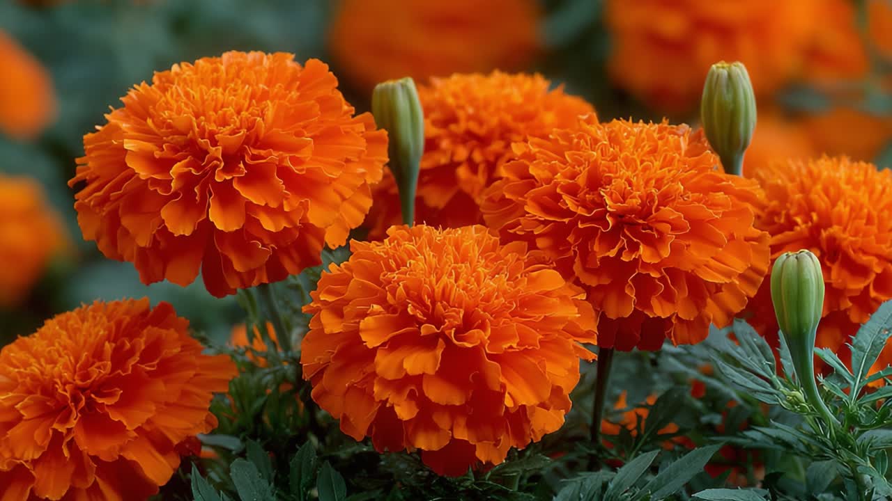 Flores Vibrantes de Cravo-de-Defunto: Um Close-Up de Cabeças de Flores Laranjas Exuberantes Cercadas por Folhagem Verde Exibindo a Beleza das Cores da Primavera e Verão da Natureza