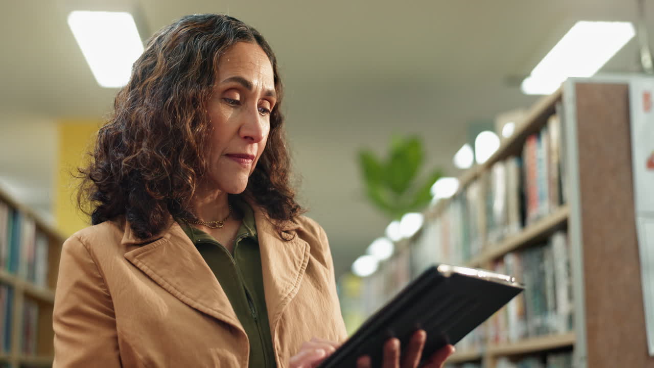 mujer usando tableta en la biblioteca