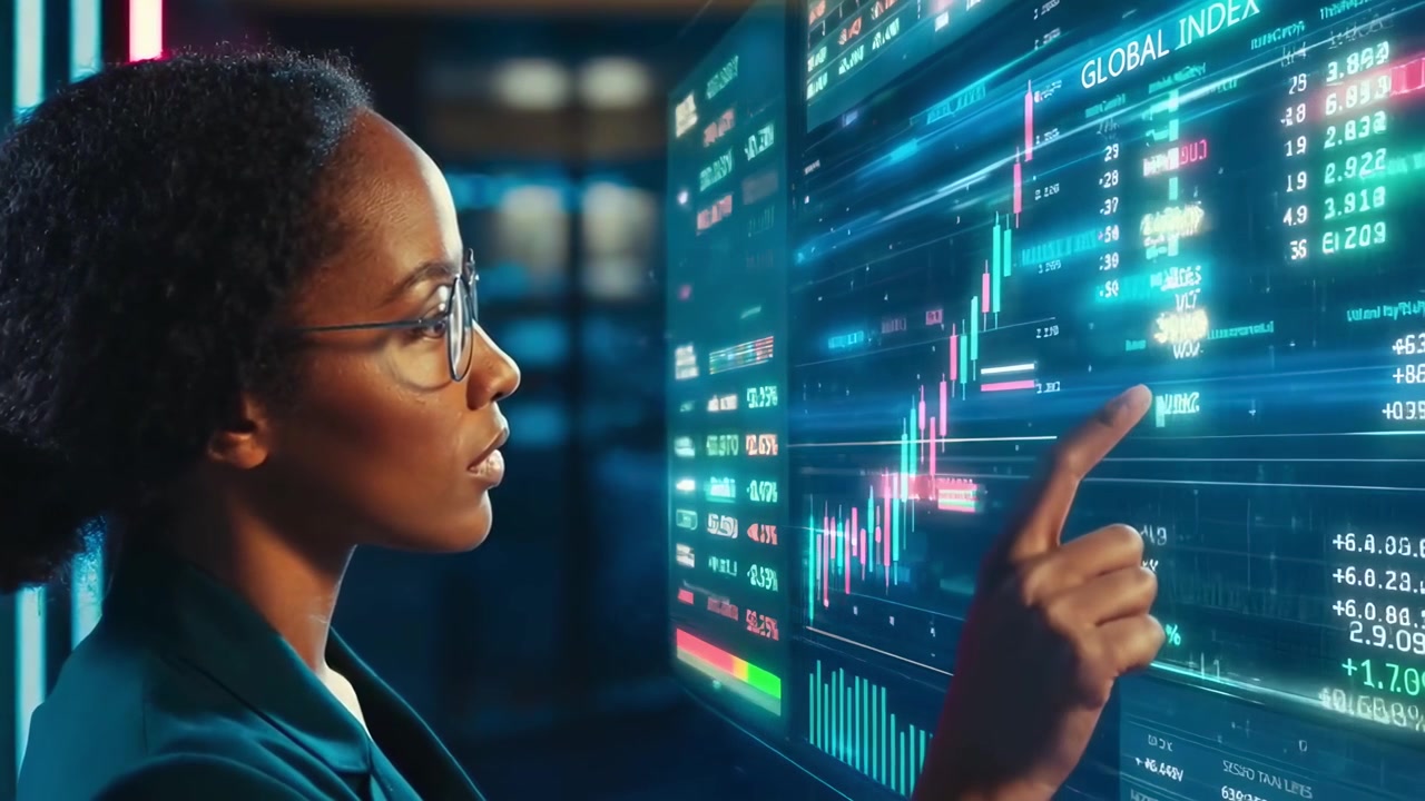 Donna d'affari afroamericana con display di dati finanziari futuristici