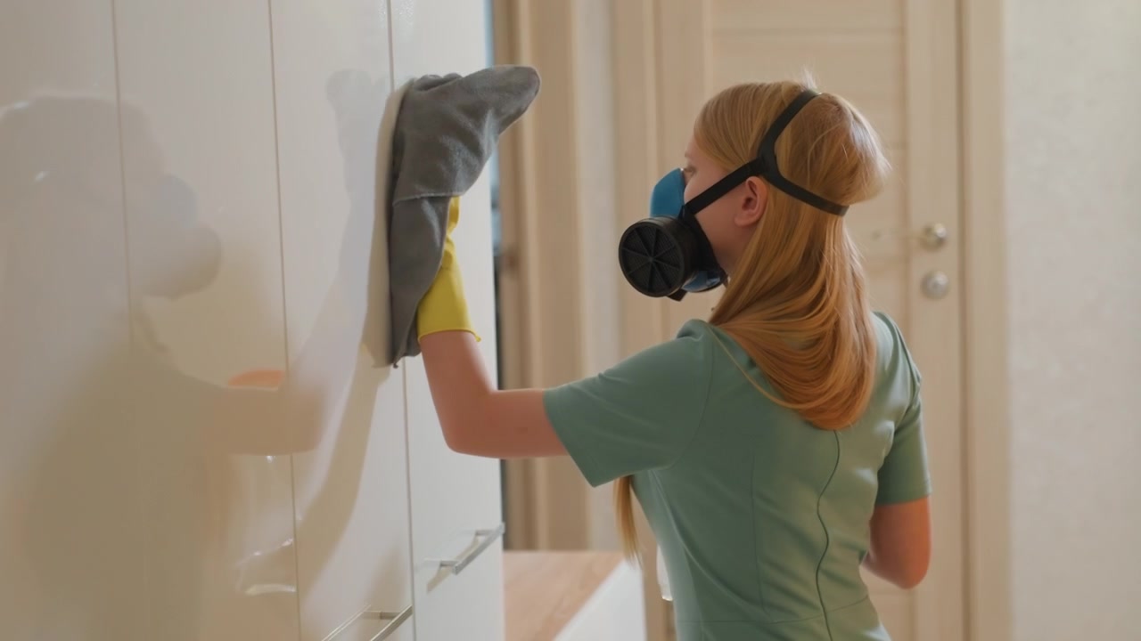 Donna bianca che pulisce ante lucide di armadi con respiratore e guanti gialli, usando flacone spray e panno morbido per rimuovere macchie e creare una lucentezza senza aloni, passate concentrate e attente su superfici riflettenti.
