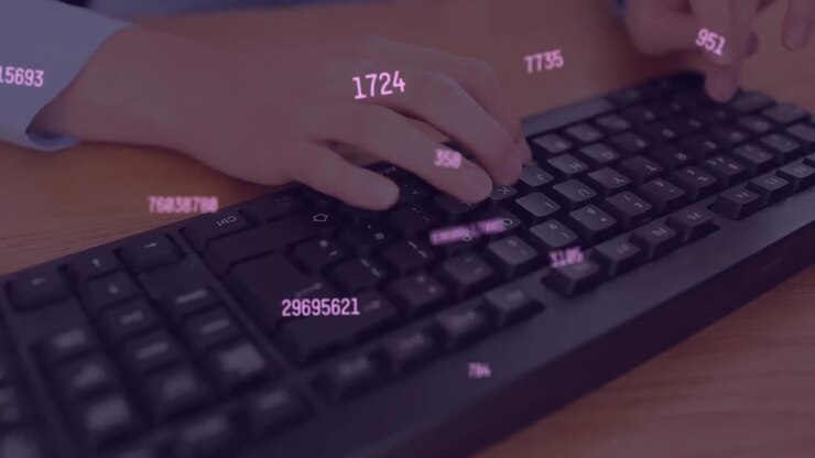 Animação de números flutuantes em mudança sobre uma pessoa digitando em um teclado