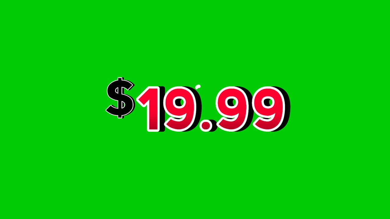 Dollars price tag animation $19.99 motion graphics in bold red numbers on green screen background with smoke effects.dollar symbol is displayed prominently perfect promotions, ads, banners, marketing