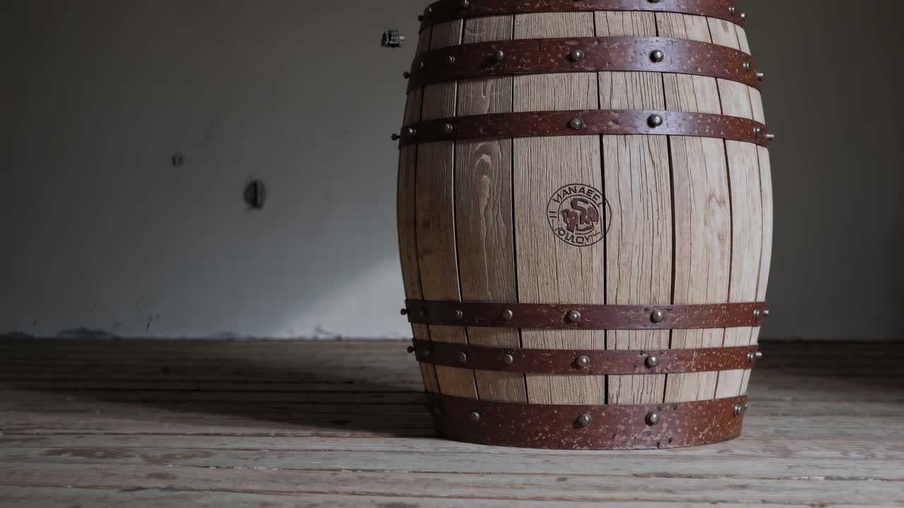 Barile di legno rustico su pavimento in legno, ripreso da una angolazione bassa