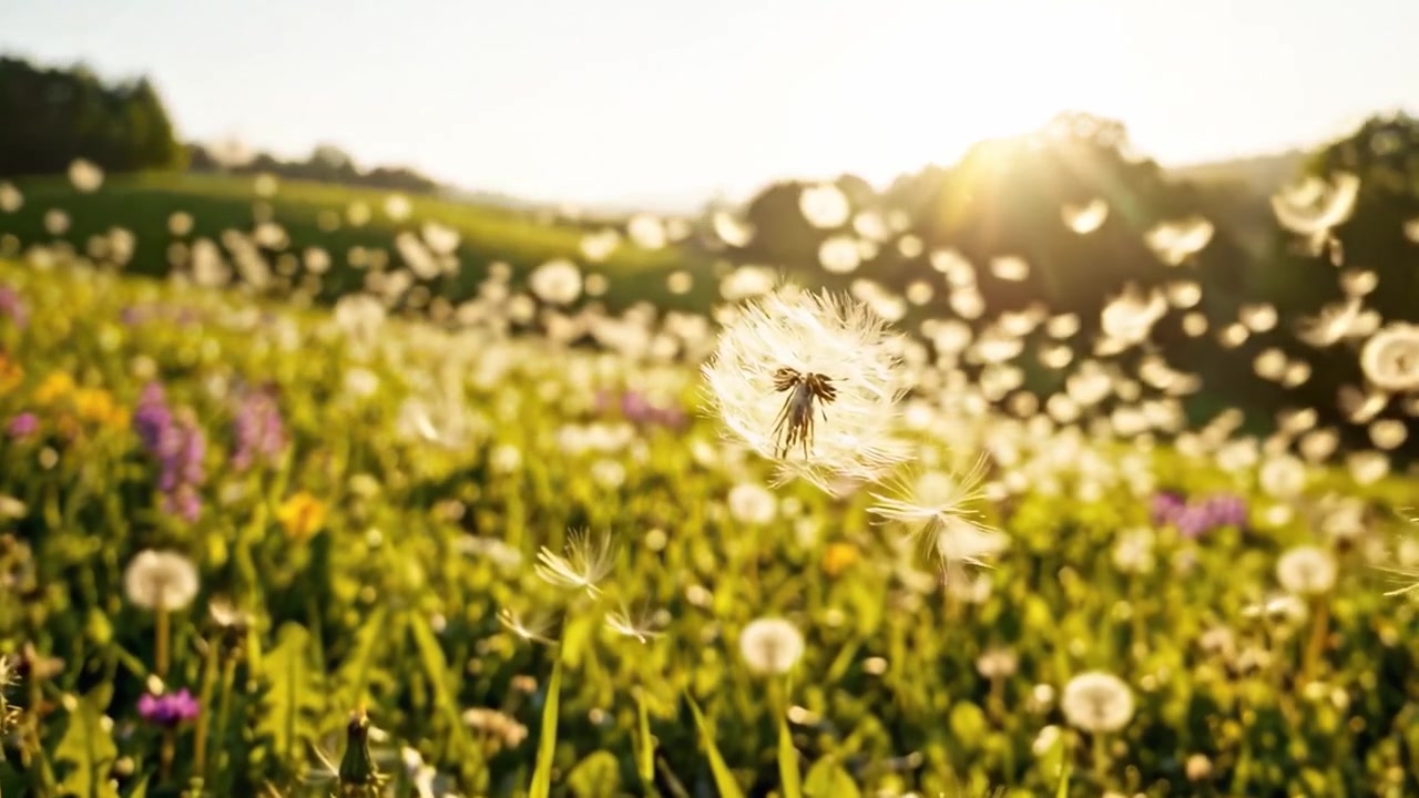 Lanskap Tenang yang Dipenuhi Serbuk Dandelion dan Sinar Matahari, Menangkap Esensi Keindahan Alam dan Kegembiraan Angin Sepoi-sepoi di Padang Rumput yang Cerah