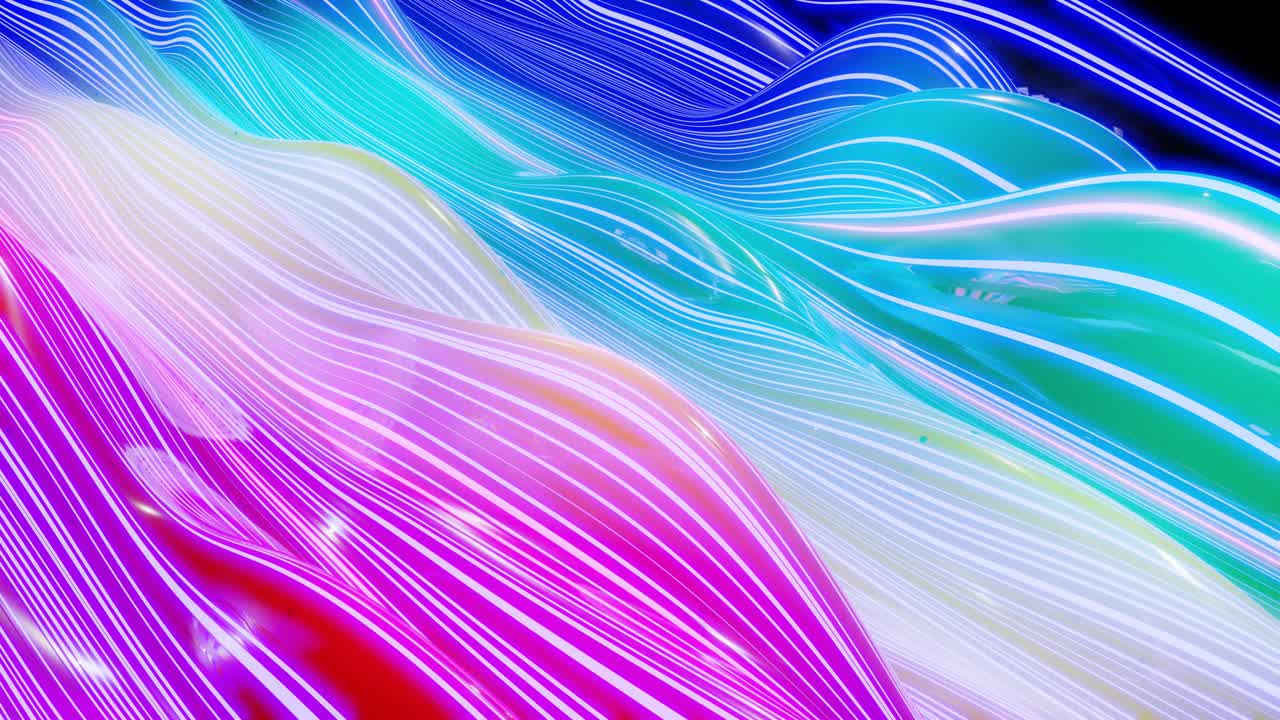 superficie 3d abstracta con hermosas olas, chispas luminosas y gradiente de colores brillantes, colores de arco iris y líneas de brillo. las olas corren en una superficie muy brillante y brillante con brillo brillante. animación en bucle 4k