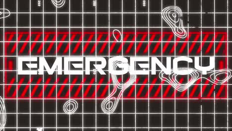 Animation-of-emergency-text-over-white-grid-on-black-background