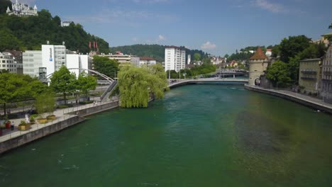 aerial over spreuerbrücke - centuries-old wooden pedestrian footbridge