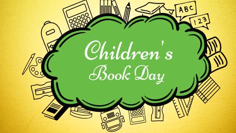 Animation-of-children-book-week-text-over-over-green-speech-bubble-and-school-items-on-yellow