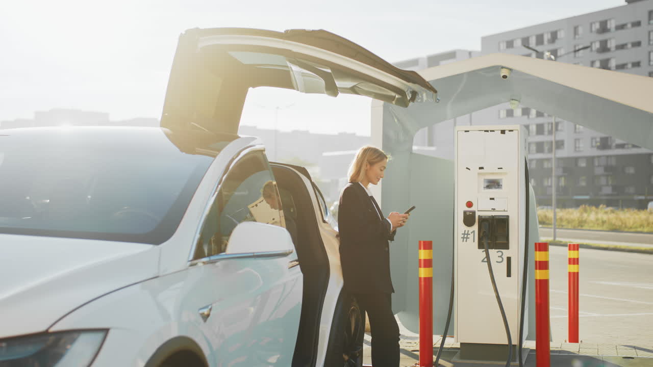 mujer de negocios cargando un vehículo eléctrico en una estación de carga