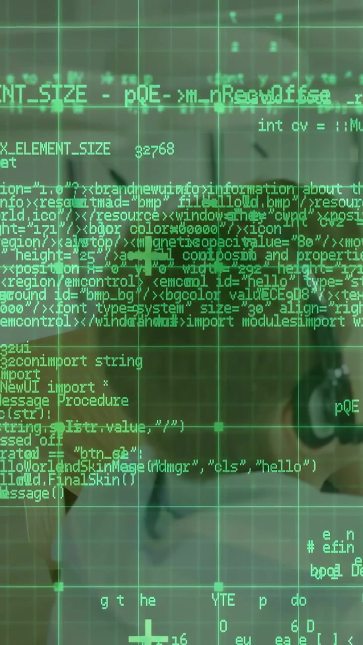 Vertical video: Woman sitting in room, HUD animating, code scrolling and grid showing face for tech