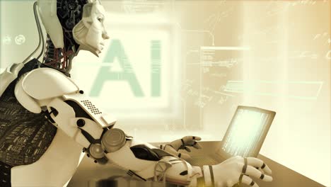 high quality 3d cgi render of an artificial intelligence humaniod robot at a laptop computer in a virtual ai environment with data and equations floating around him - warm gold color scheme