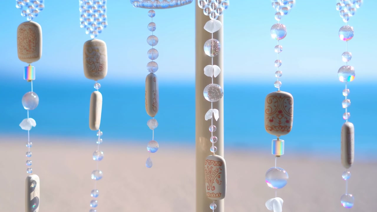 A tranquil beach scene featuring hanging ornaments, with a calm and serene ocean view captured in a wide-angle shot. The natural light highlights the clean background, making it perfect.