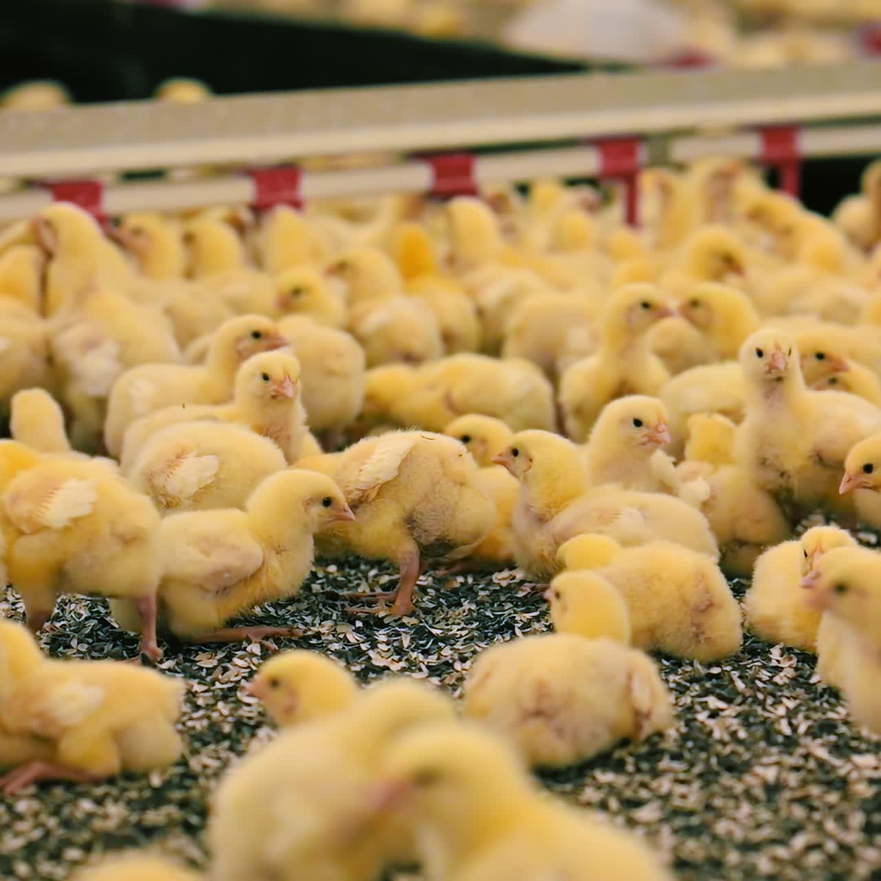 Yellow chickens growing on a poultry farm. Production of chicks. Agriculture farm with little broiler chicks. Many chickens in the hangar