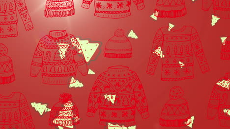 animación de la caída del árbol de navidad sobre la impresión del suéter sobre fondo rojo