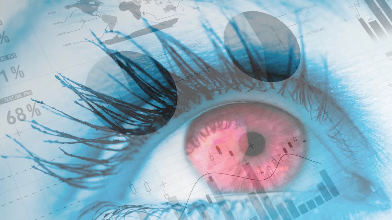 Animation of statistics and data processing over woman's eye in background