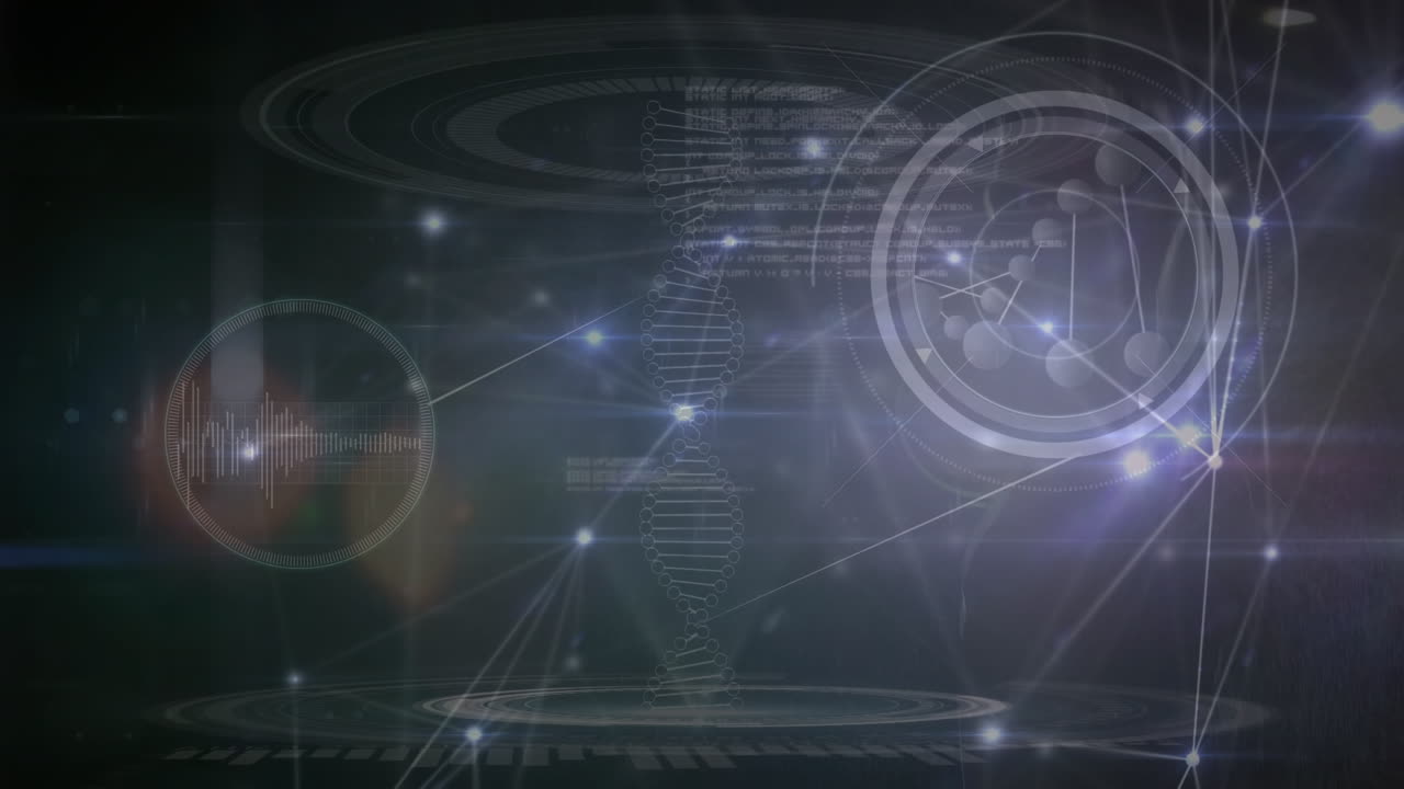 연결 위에 회전하는 dna 가닥의 애니메이션, 파란색 배경의 과학 데이터 처리