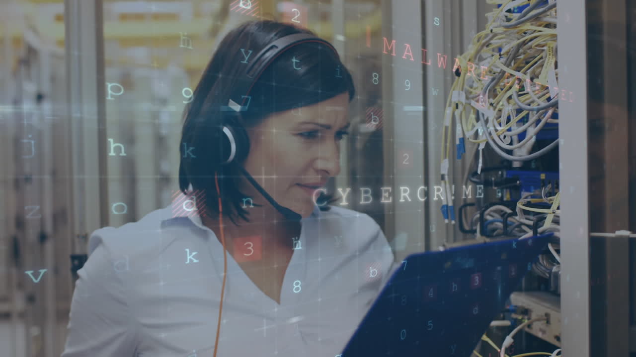 mujer trabajando en una sala de servidores mientras los mensajes de peligro se mueven y parpadean en primer plano