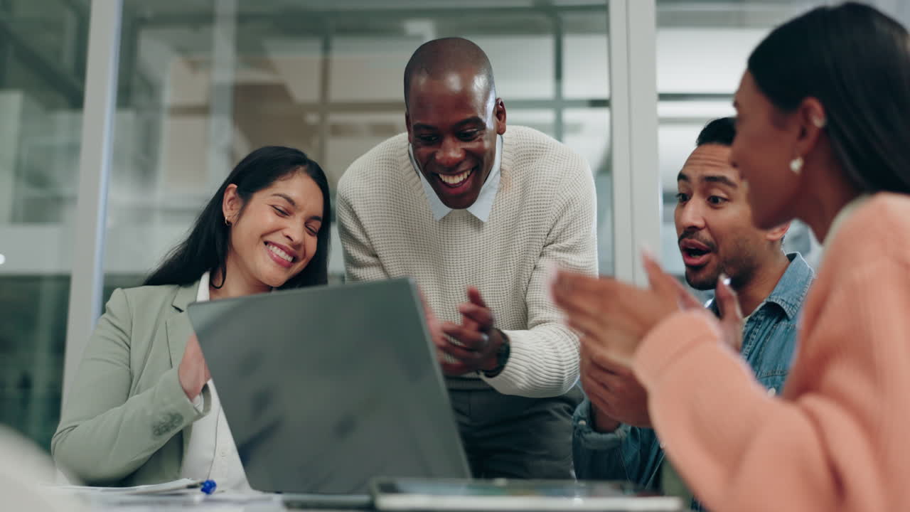 Meeting, success and business team applause