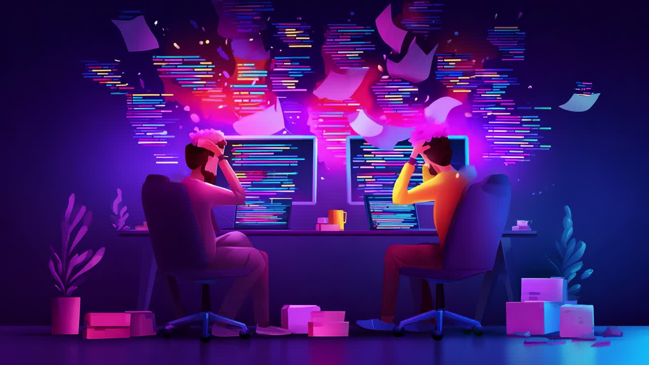 Intense Programming Session: Two Coders Struggle with Overflowing Code and Documentation Chaos, Surrounded by Digital Files and Colorful Syntax Highlights in a Dimly Lit Environment