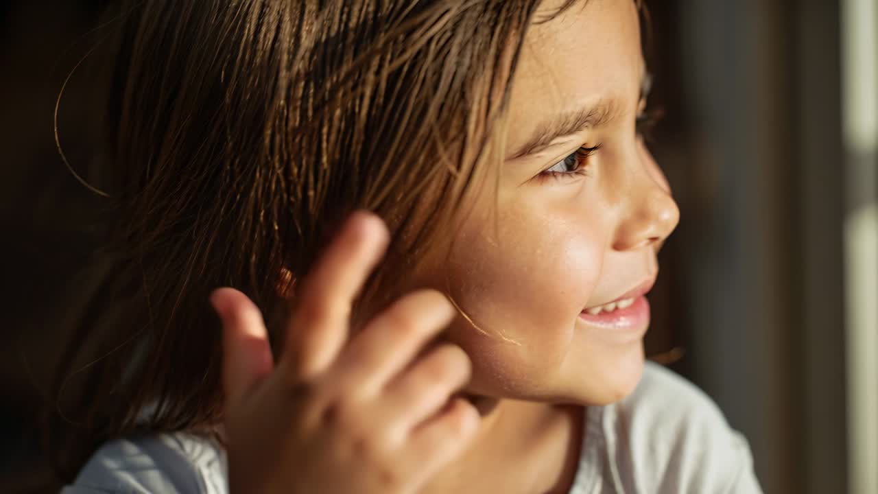 Bambino sorridente che reagisce all'attenzione della fotocamera, sistemandosi i capelli vicino a una finestra illuminata dal sole, con indosso una maglietta bianca.