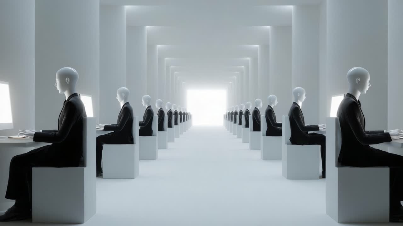 A Futuristic Workspace: Rows of Faceless Figures Interacting with Computers in a Minimalist Environment, Illuminated by a Bright Light at the End of a Long Corridor