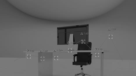 animation of graph with viewfinders and changing numbers over desktops in office