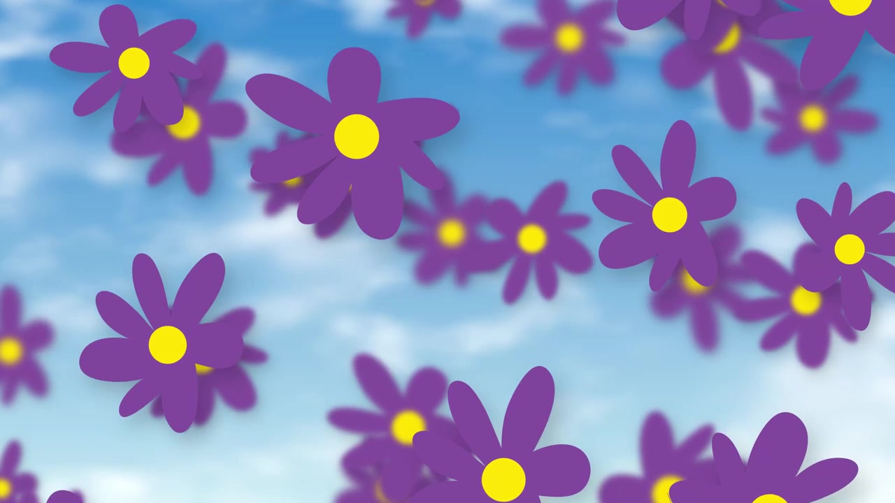 Stylized purple flowers fall slowly against a bright blue sky with soft white clouds.