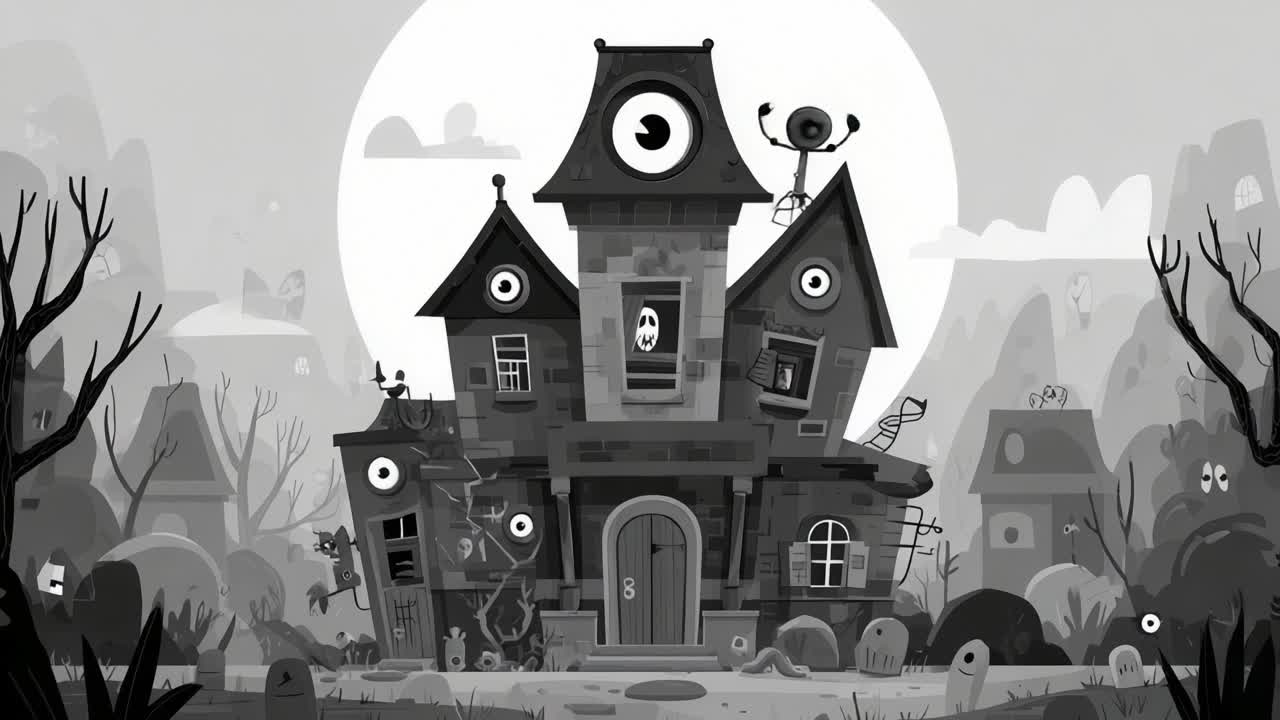 A Spooky, Whimsical Haunted House with Eerie Eyes and Playful Characters Amidst a Monochromatic Background, Perfect for Halloween Themed Adventures