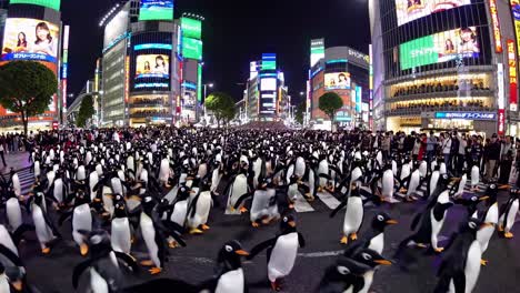 penguins crossing shibuya crossing at night