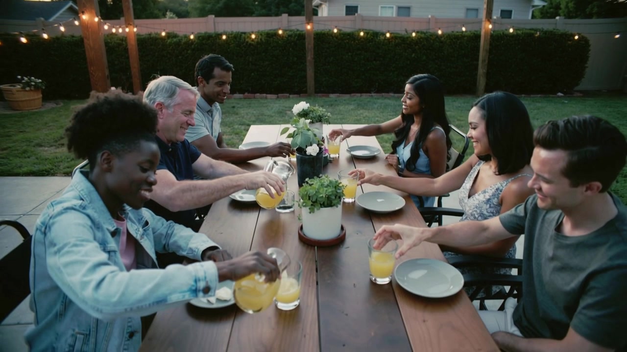 Senior man lifting pitcher six pouring and passing orange drink for backyard dinner at dining table