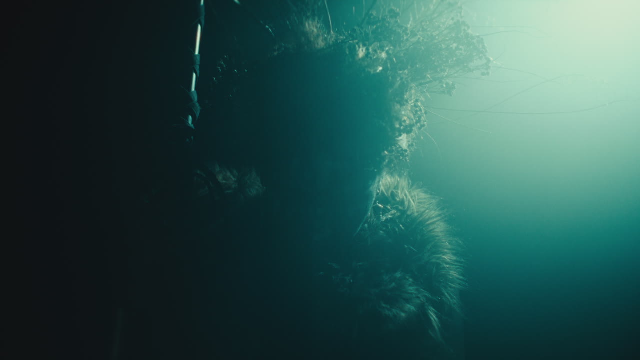 A creepy witch rises her head during the night storm