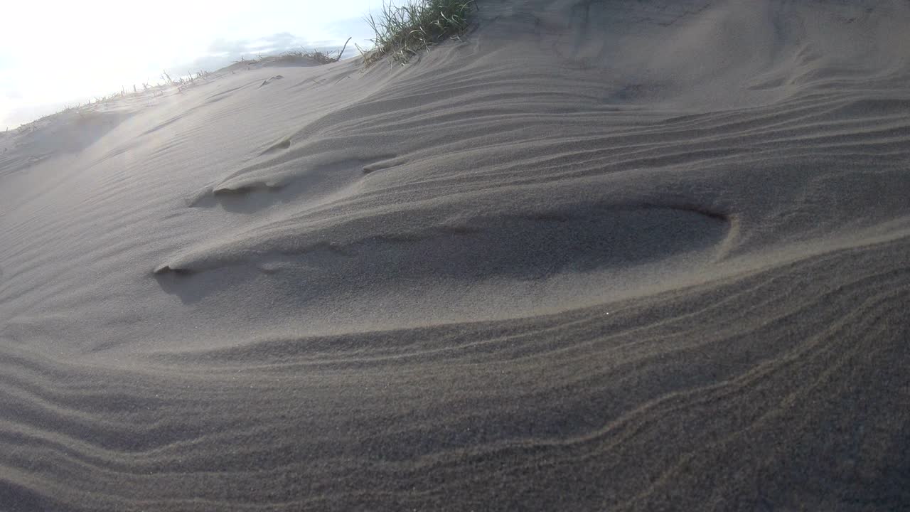 dunas de arena con hierba de dunas en la tormenta del mar del norte, dunas de senderismo, protección de diques, sondervig, jutlandia, dinamarca, 4k