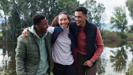 friends, camping and group with a smile