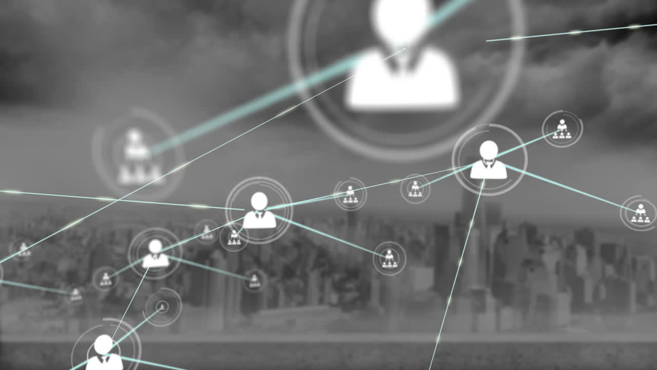 흐린 하늘에 대한 현대 도시 풍경 위의 선으로 연결된 프로필 아이콘의 애니메이션