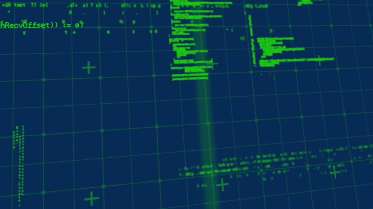 Animation of data processing over grid on blue background