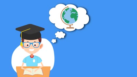 animación del pictograma de un estudiante masculino con iconos escolares que se mueven sobre un fondo azul