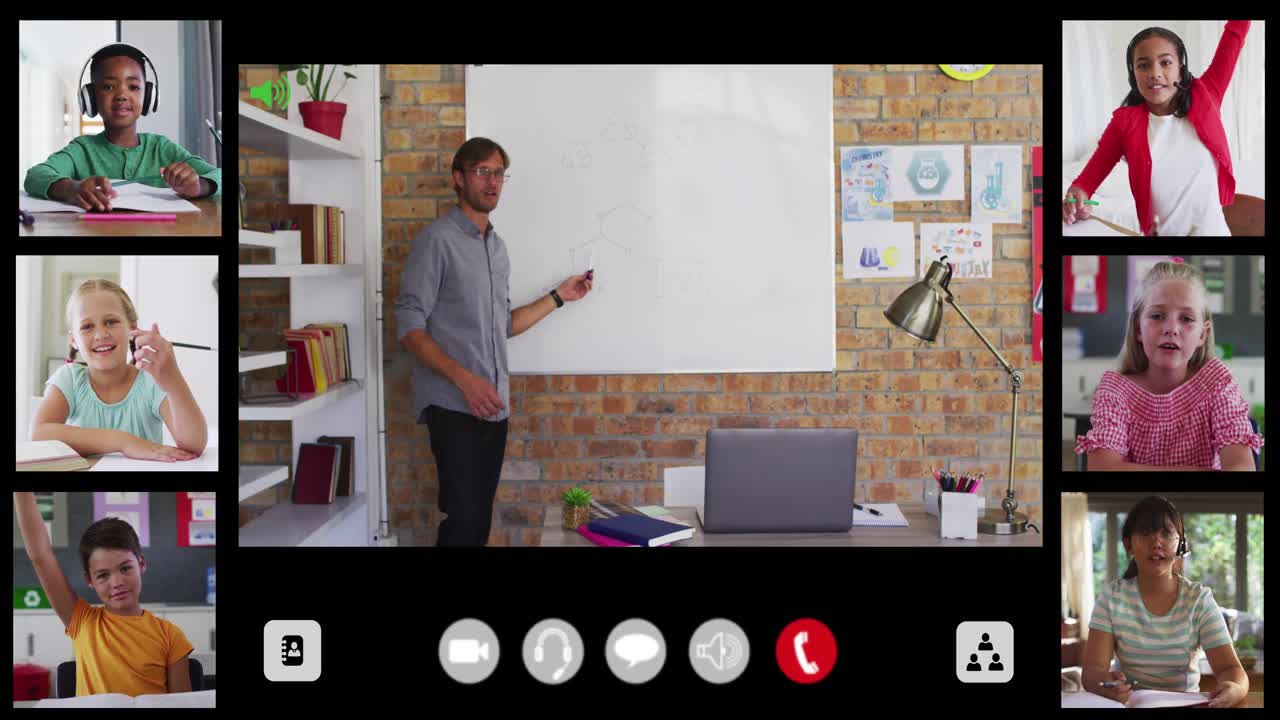 Composite video call interface with diverse male teacher and six children in online lesson