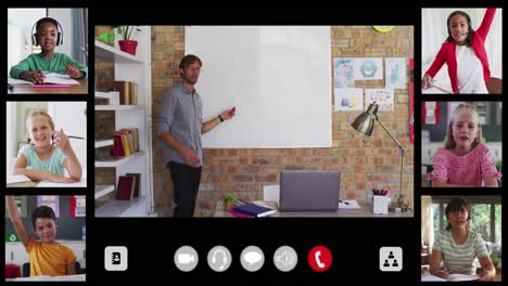 interfaz de videollamada compuesta con un maestro masculino diverso y seis niños en clase en línea