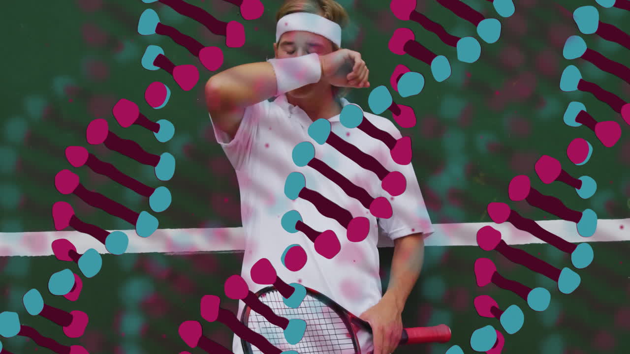 Male tennis player raising fist on court, molecular shapes floating in sports tech graphic