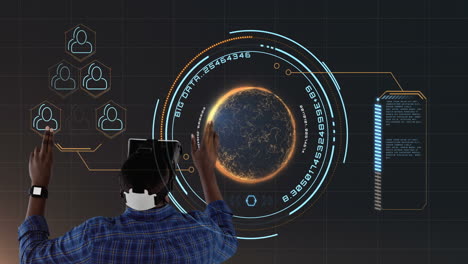 interacting with virtual interface, person using vr headset over digital globe animation