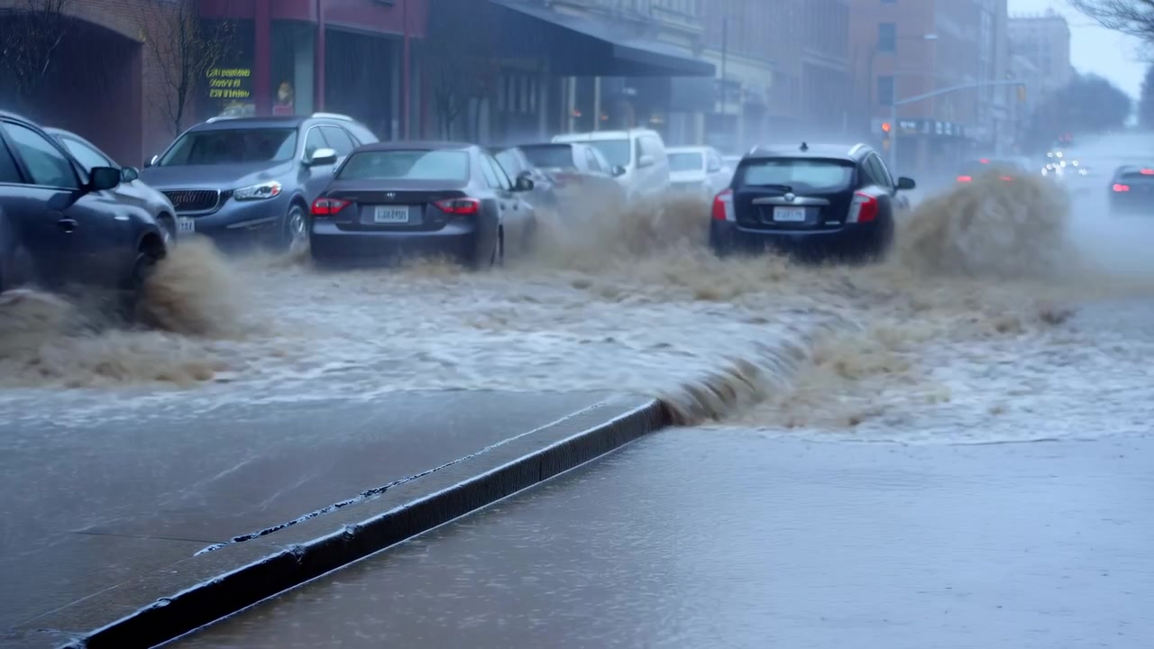 Bygade oversvømmet, biler sprøjter, pendlere navigerer i dybt brunt oversvømmelsesvand under kraftig storm.