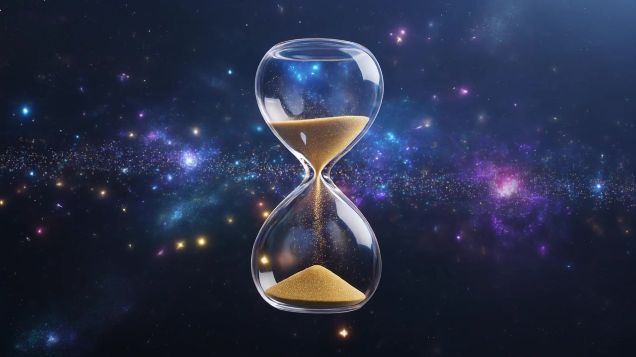 Hourglass With Falling Sand Against a Cosmic Nebula Background