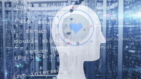 animación de la cabeza con el corazón y procesamiento de datos sobre la sala del servidor
