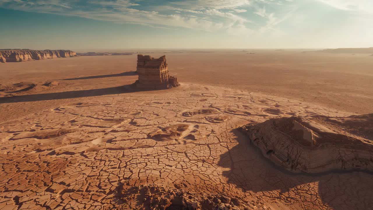 Ripresa aerea con telecamera che scivola rivelando una torre di roccia e una pianura arida nel deserto con un'ombra lunga