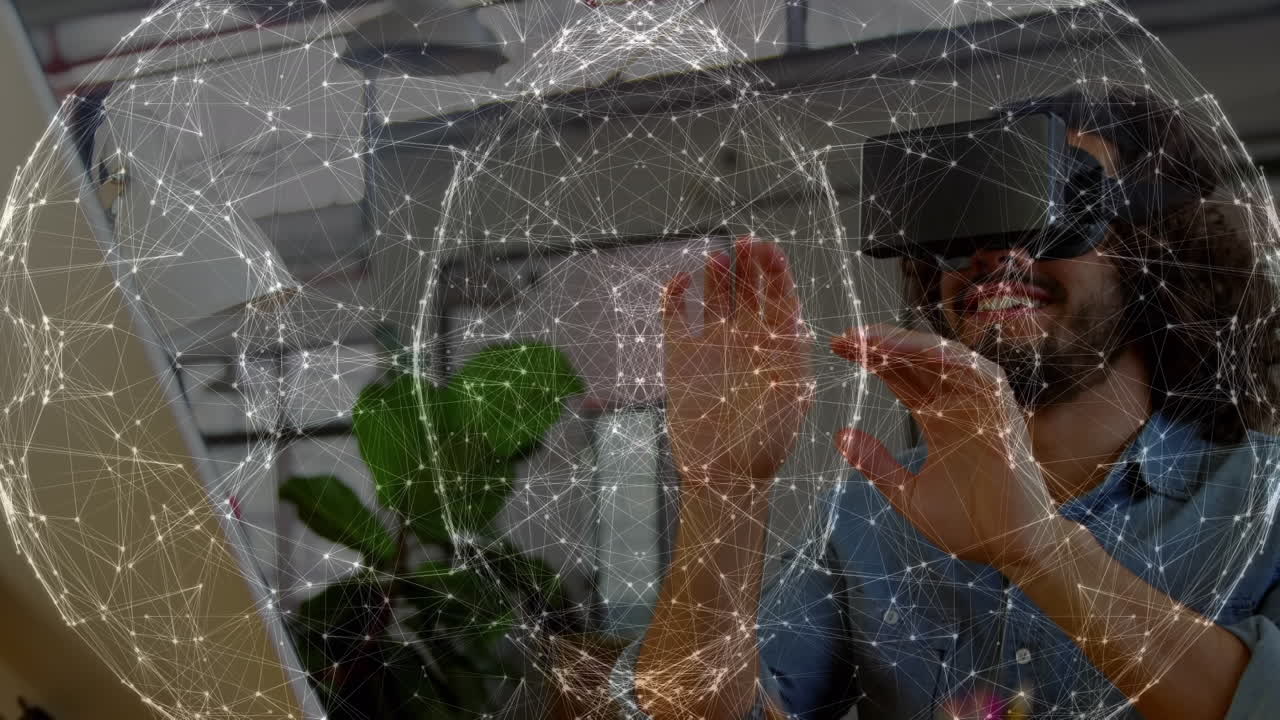 animación de la red de conexiones sobre el hombre de negocios caucásico usando auriculares vr