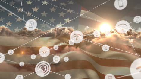 Animation-of-network-of-connection-and-icons-over-usa-flag-and-cloudy-sky