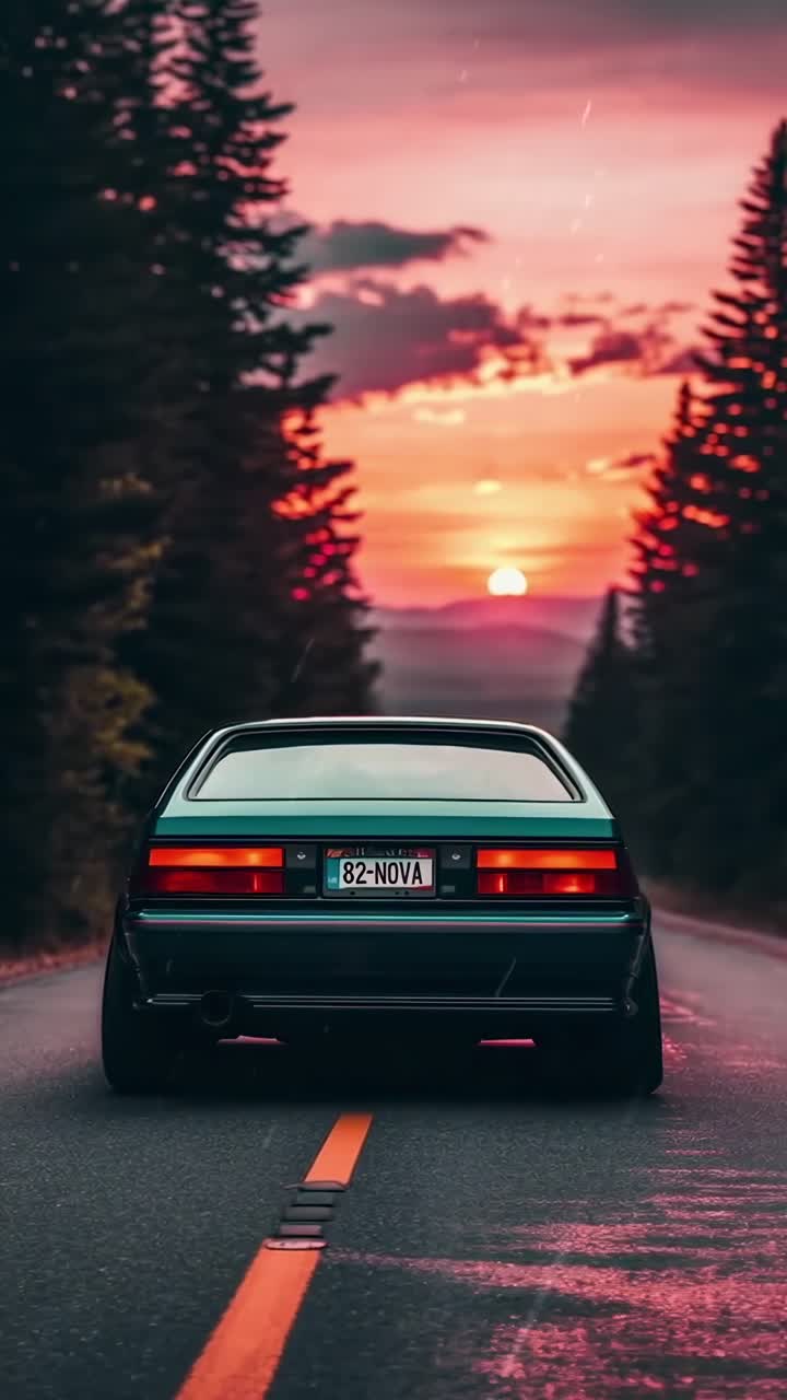 Vista posteriore di un'auto su una strada forestale al tramonto, catturata con uno stile video cinematografico