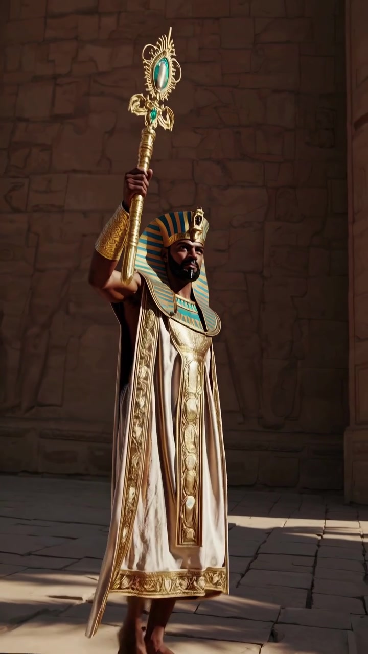 Kuninkaallinen egyptiläinen faarao pitämässä valtikkaa muinaisessa temppelissä
