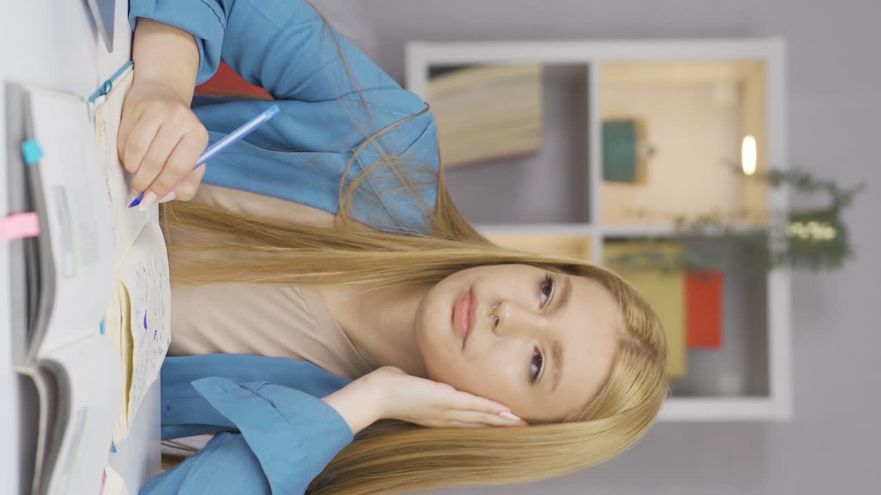 вертикальное видео вдумчивой студентки.