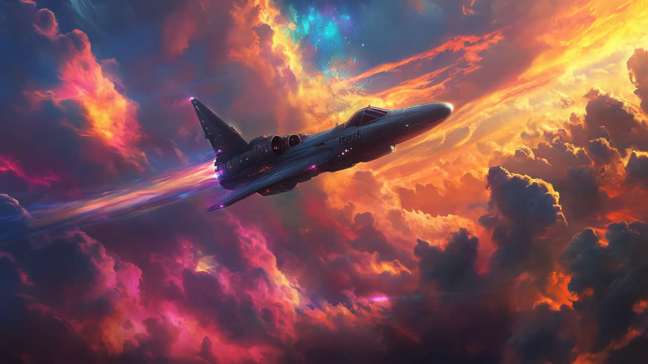 Futuristic Jet in a Colorful Sunset Sky | Premium Stock Video Footage